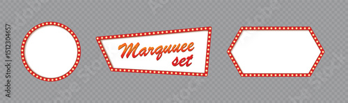 Marquee sign box set isolated on transparent background, light board in retro vintage style for circus, casino, karaoke bar, open mic. Red neon cinema marquuee frame with glow gold lights.