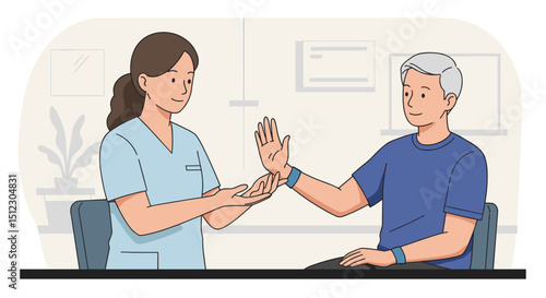 A health worker evaluates a man's arm after an injury to determine rehabilitation exercises at a clinic