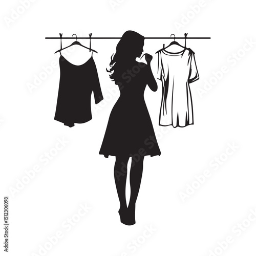 Vector silhouette illustration of a woman hanging clothes to dry. Depicts daily household chores and outdoor activity with a minimalist and clean design