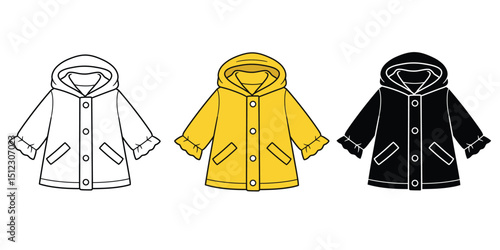 Cute Children’s Raincoat Vector Bundle: Outline, Yellow, and Black Hooded Jacket for Apparel Design