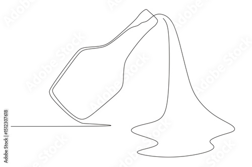 the art of a single continuous line depicting a glass and a bottle containing spilled water. this icon is for a banner at a bar or beverage store