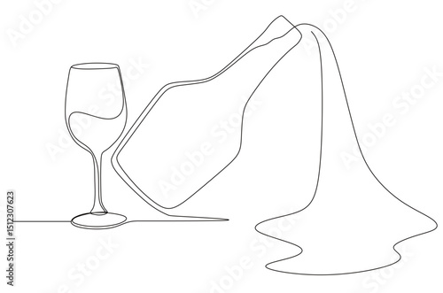 the art of a single continuous line depicting a glass and a bottle containing spilled water. this icon is for a banner at a bar or beverage store