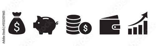 Finance icons. money signs. Money silhouette collection. Wallet with cards icon. Business Icons, Coins silhouette icon. Growth chart. Moneybag or stash. Piggy bank icon vector. 