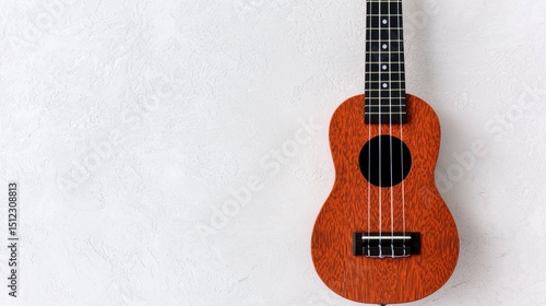 A brown ukulele with a black pickguard and white strings is shown against a white background.