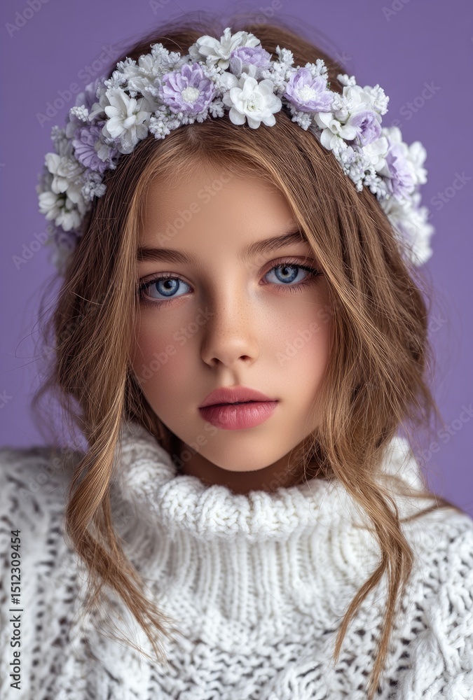 Fototapeta premium A beautiful girl of Slavic appearance, approximately twelve years old, poses for the camera against a light purple background.