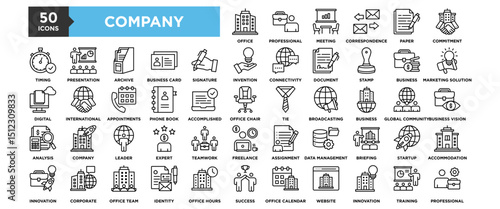 50 Company icon set. Containing design business, company, corporate, office, meeting, teamwork, team, strategy	
