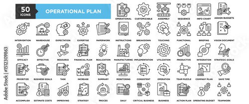 50 Operational Plan icon set. Containing design business, management, strategy, process, plan, development