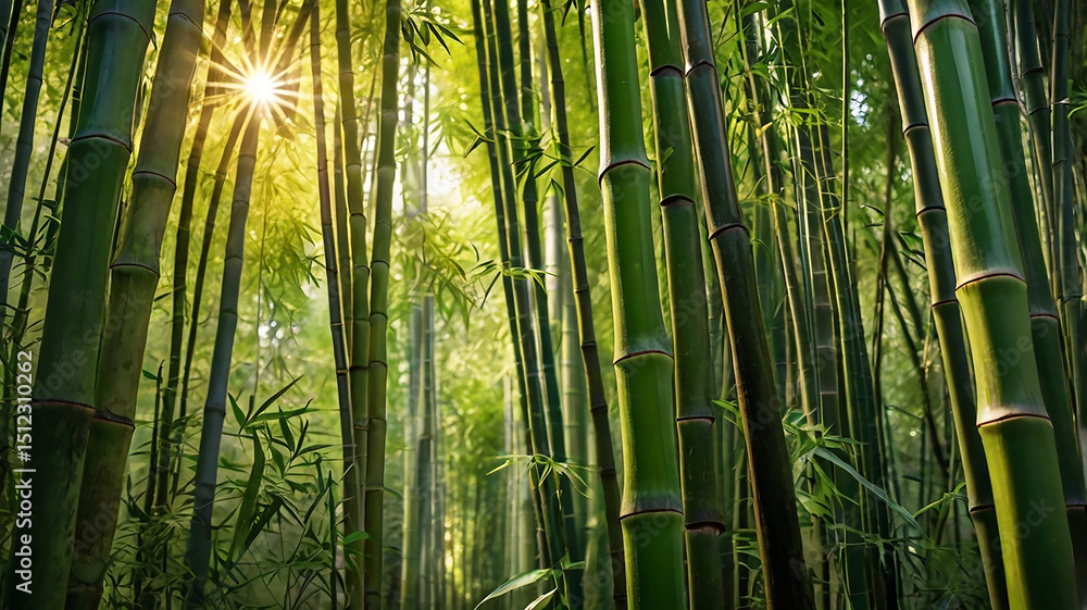 Fototapeta premium Sunlit bamboo forest lush green canopy