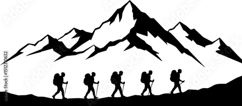 Group of hikers trekking with backpacks in silhouette against mountains  