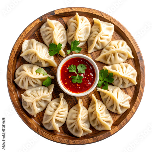 Top View of Classic Steamed Momo Dumplings with Red Chili Sauce and Cilantro on Rustic Wooden Plate, PNG