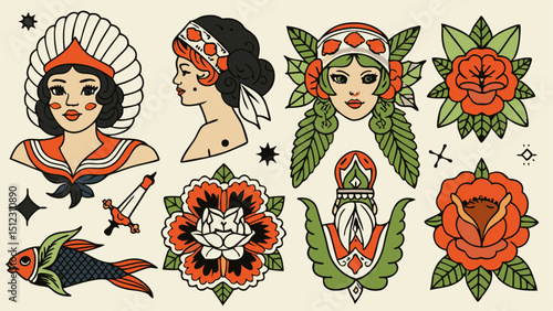 Illustration of traditional tattoo flash sheet with women, flowers, and nautical elements design |eps vectors