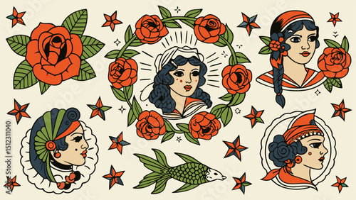 Assorted vintage tattoo flash sheet with women roses stars and a fish in a traditional style design |eps vectors