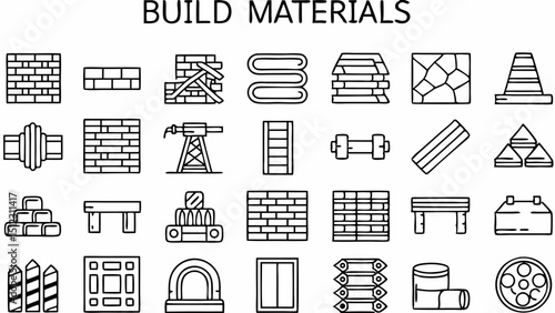Illustration of various building materials including bricks, wood, pipes, and construction elements |eps vectors