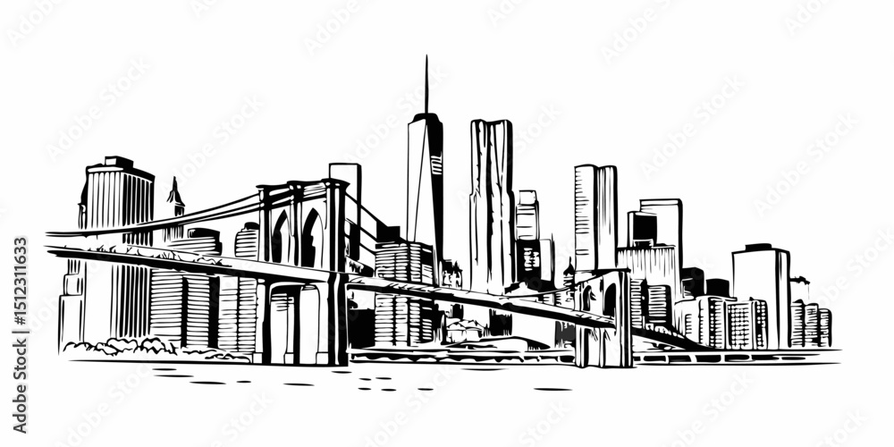 Obraz premium Illustration of the new york city skyline with the brooklyn bridge in black and white line art style |eps vectors