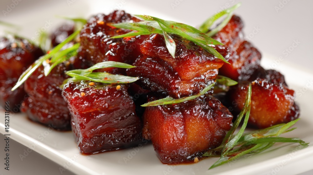 Juicy crispy glazed pork belly cubes topped with fresh green herbs served on white plate for flavorful savory dish presentation Juicy crispy glazed pork belly cubes topped with fresh green herbs served on white plate for flavorful savory dish presentation