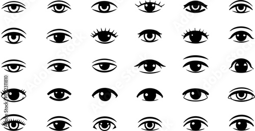 
A collection of simple black line art eye shapes with varying pupil sizes and eyelid styles, some with eyelashes.