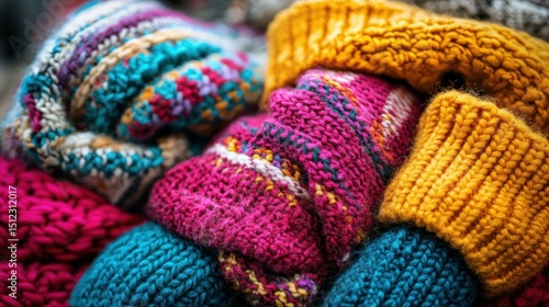 Close-up of colorful knitted winter wear
