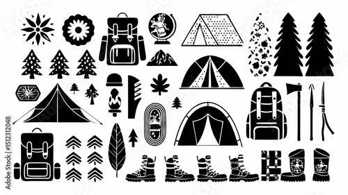 Illustration of camping equipment and outdoor elements including tents backpacks and trees in black and white |eps vectors