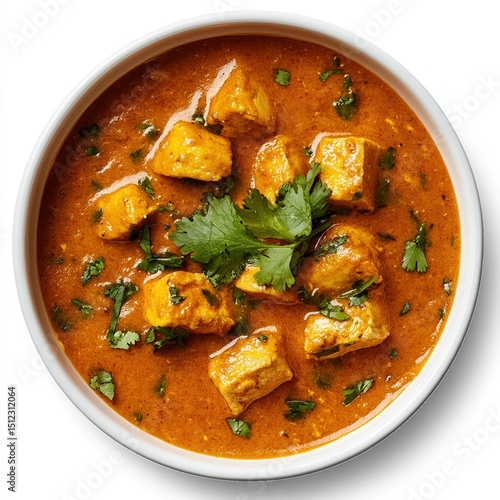 Delicious indian butter chicken curry in bowl isolated on white background
