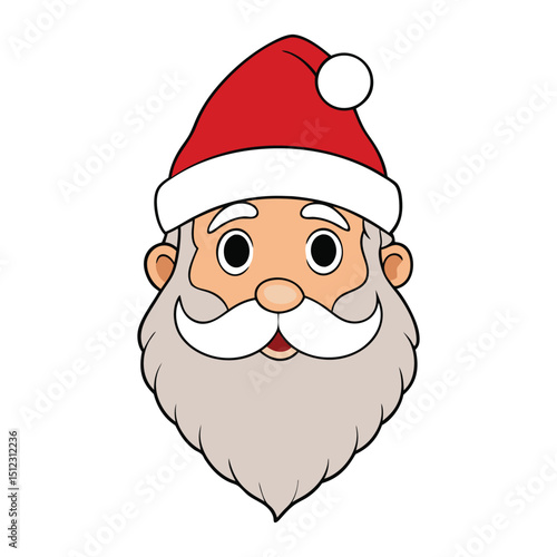 Cheerful cartoon face of Santa Claus with rosy cheeks, twinkling eyes, a fluffy white beard, red hat with a pom-pom, and a big jolly smile full of holiday spirit.
