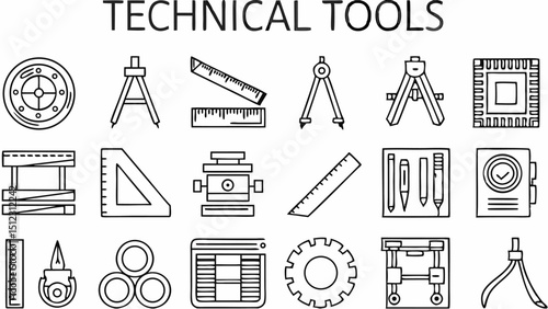 Illustration showcasing an assortment of technical and engineering tools in a clean line art style design |eps vectors