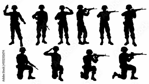 Silhouette depiction of soldiers in various poses with rifles and saluting on white background |eps vectors
