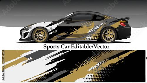 Illustration of a sports car with a unique abstract pattern in black, gold, white, and gray colors design |eps vectors