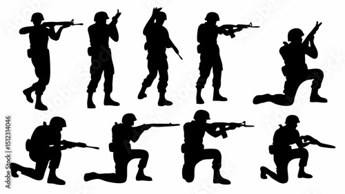 Silhouette illustration featuring multiple soldiers in various stances holding rifles and wearing helmets |eps vectors