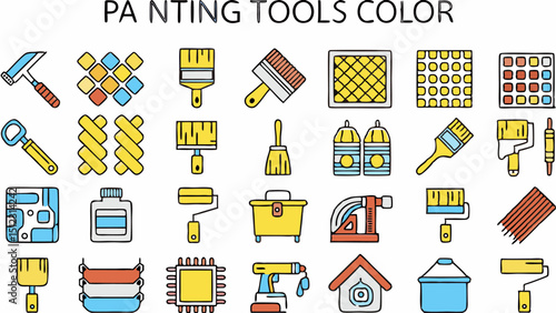 Illustration of various painting tools and equipment including brushes, rollers, and color swatches |eps vectors