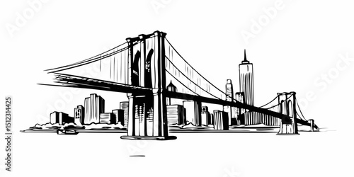 A sketch of the brooklyn bridge with new york city skyline in the background in black and white style |eps vectors