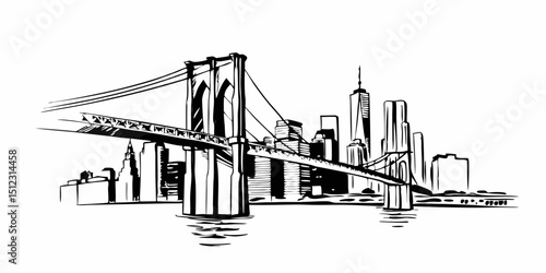 Monochrome drawing of brooklyn bridge with city skyline in the background showcasing urban architecture |eps vectors