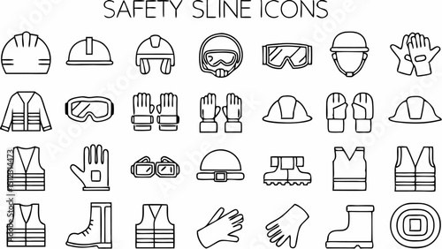 Illustration of various safety equipment including helmets gloves vests boots and goggles in outline style |eps vectors