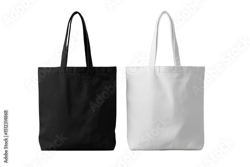 Two plain tote bags, black and white, displayed side-by-side