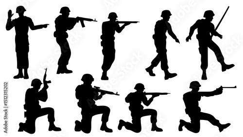 Silhouette depiction of armed soldiers in various poses and actions on a white background design |eps vectors