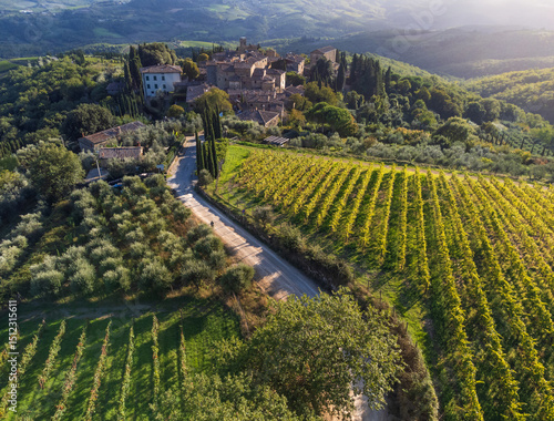 a Strada Bianca through the vineyards towards the village of Volpaia in Chianti