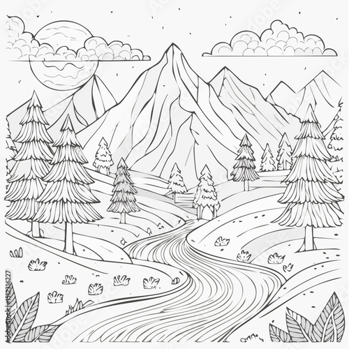 Vintage sketch illustration of a winter mountain forest landscape with trees and an old church