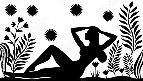 Silhouette of a reclining woman surrounded by stylized flowers and plants in black and white style |eps vectors