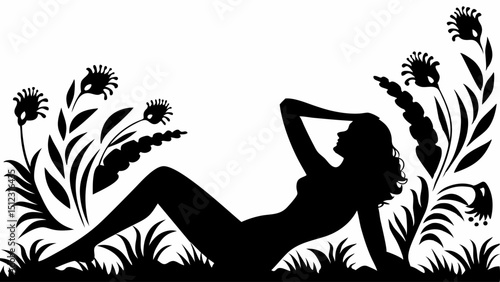 Silhouette of a woman reclining among stylized flowers and grass in a black and white illustration |eps vectors