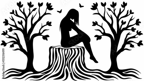 Silhouette of woman sitting on tree stump between trees with birds in black and white illustration |eps vectors
