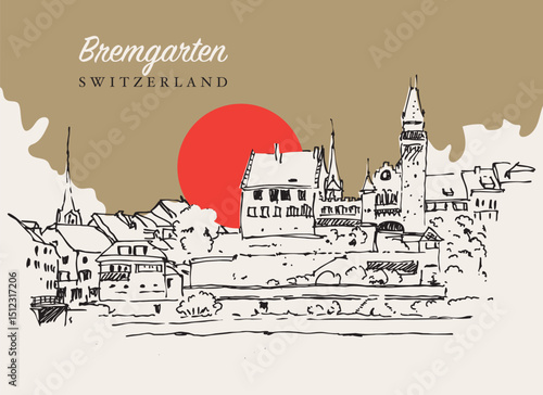 Drawing sketch illustration of Bremgarten, Switzerland