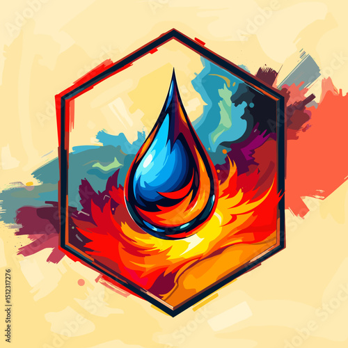 Vibrant droplet design enclosed in a hexagonal frame with colorful flames and splashes

