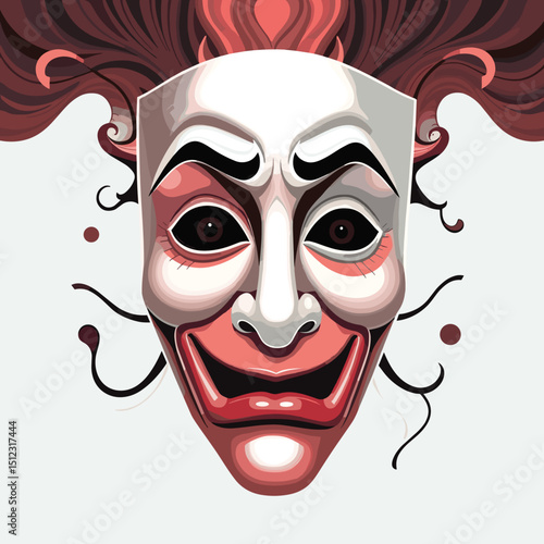 Artistic illustration of a clown mask with exaggerated features and flowing hair