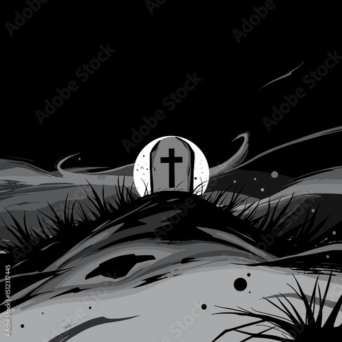 Stylized grave marker with a cross silhouetted against a dark landscape