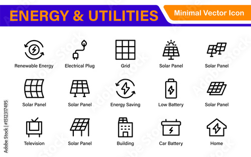 Renewable Energy and Utilities Icon Pack – Vector Line Illustrations for Solar, Wind, Electric Power, Sustainable Energy, and Environmental Designs