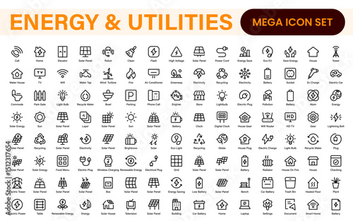 Renewable Energy and Utilities Icon Pack – Vector Line Illustrations for Solar, Wind, Electric Power, Sustainable Energy, and Environmental Designs