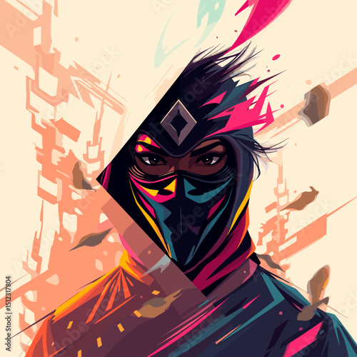 Stylized ninja character with a dramatic mask and vibrant colors on a dynamic background
