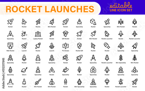 Rocket Launch Icon Pack – Clean Outline, Line Art, and Vector Illustrations for Space Missions, Satellite Launches, and Aerospace Projects