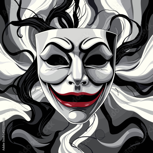 Artistic portrayal of a smiling mask with flowing hair and dramatic monochrome background