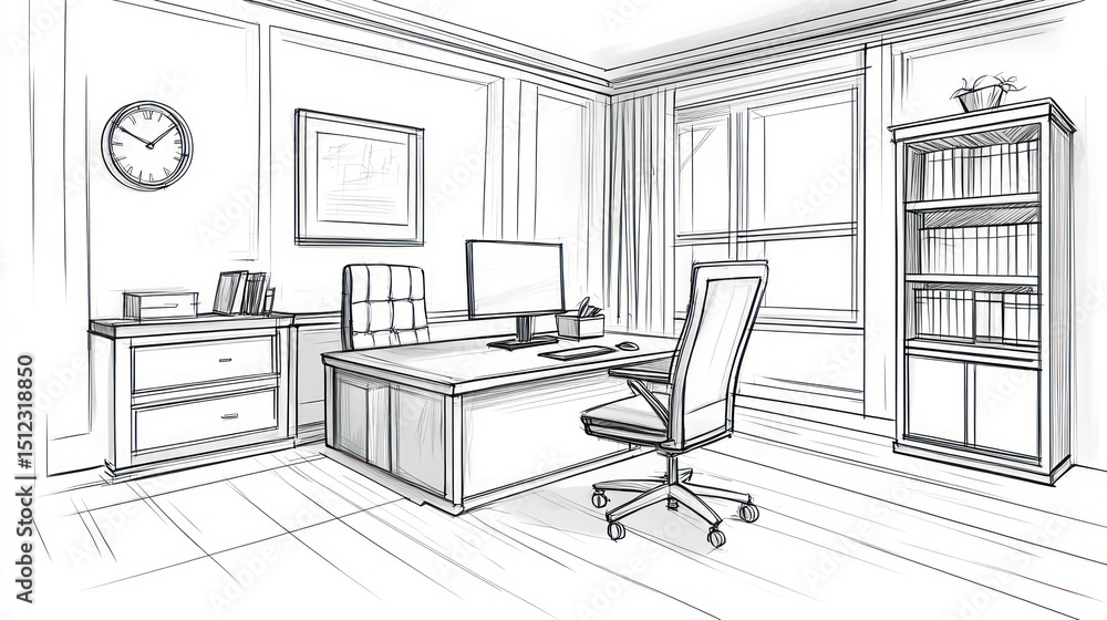 Fototapeta premium Detailed sketch of a classic home office