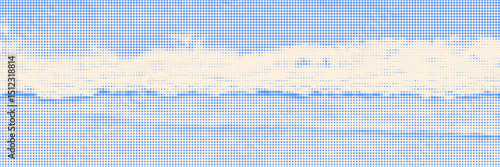 Halftone overlay resembling water waves. White dot texture on blue background. Vector banner for design and creative projects.